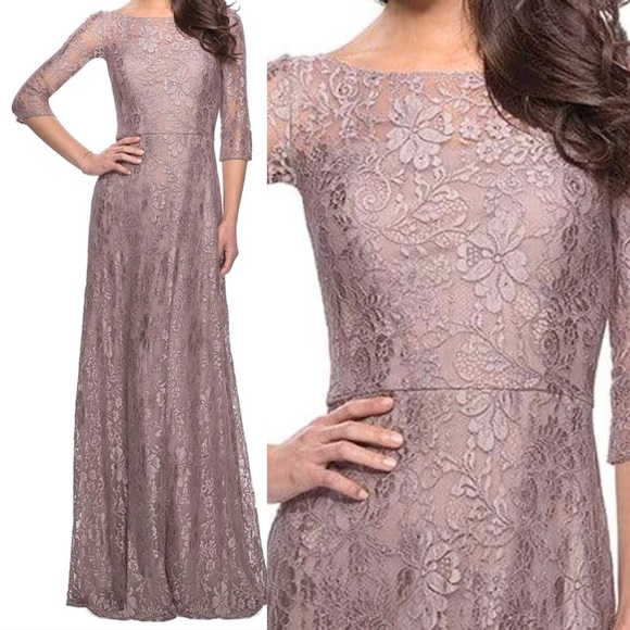 La Femme  Lace Quarter
Length Sleeve Bateau A-line
Dress size 6 Formal Gown - Picture 2 of 15